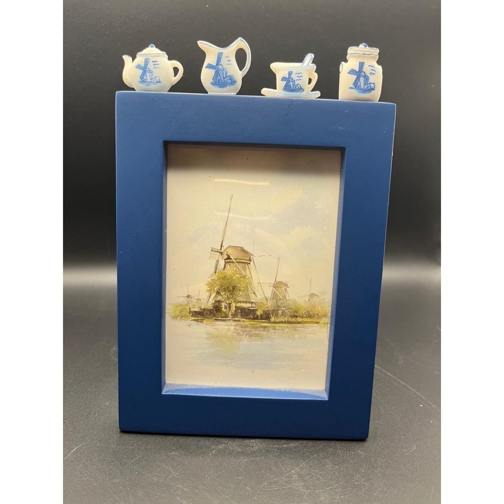 Delft Blue Windmill Picture Frame with Miniature Teapot Creamer Sugar 5x7.5